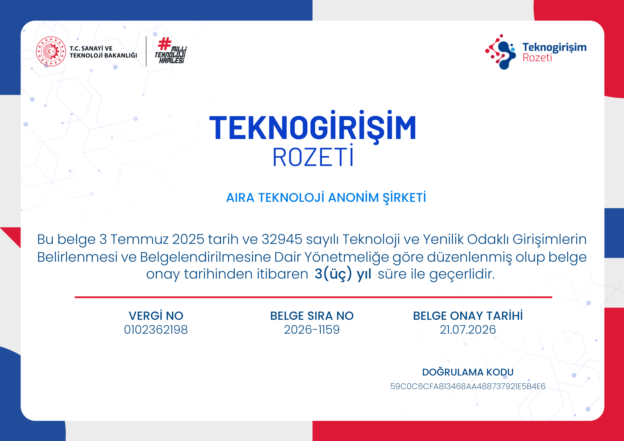 AIRA Teknoloji A.Ş. Teknogirişim Rozeti — T.C. Sanayi ve Teknoloji Bakanlığı tarafından düzenlenen resmî belge
